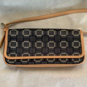 Nine West Geometric Jacquard Canvas Leather Trim Shoulder Bag Navy Tan NWOT
